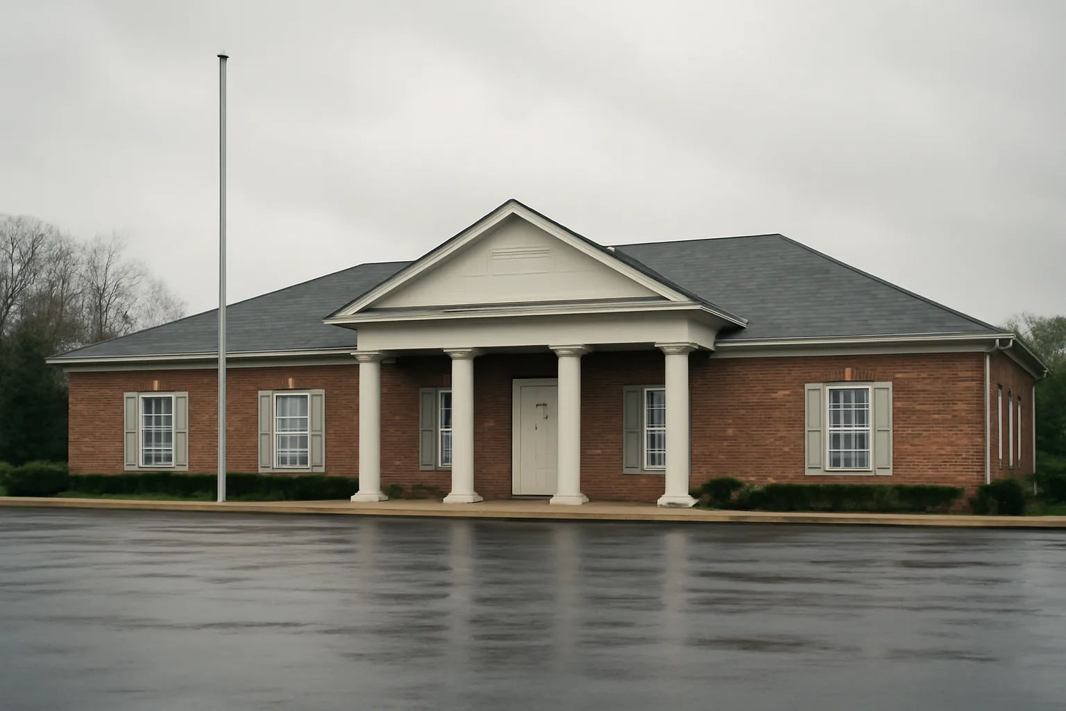 Exterior of an Alabama funeral home on an overcast day, empty and quiet.