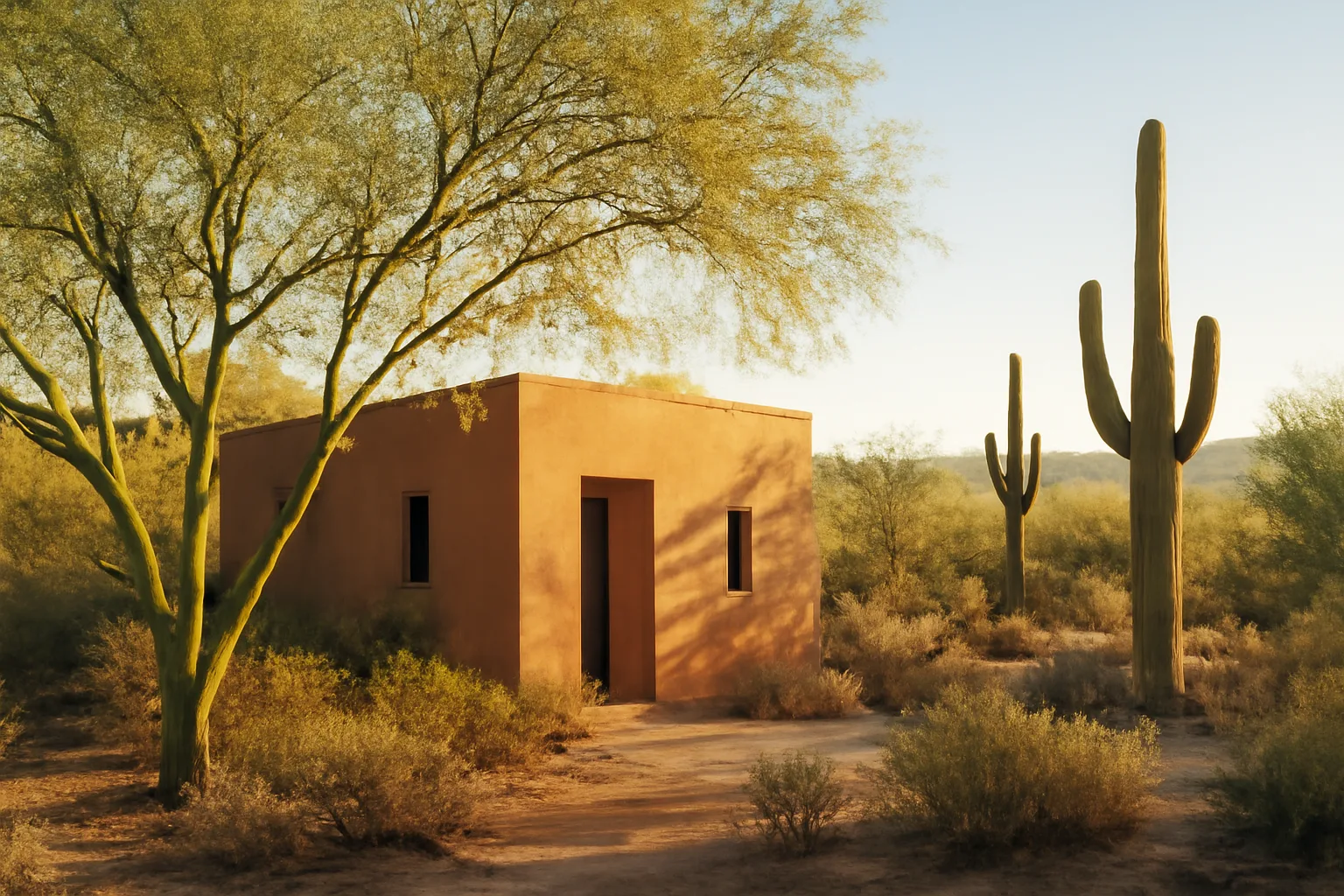 Desert natural organic reduction facility in Arizona with cacti and morning light.