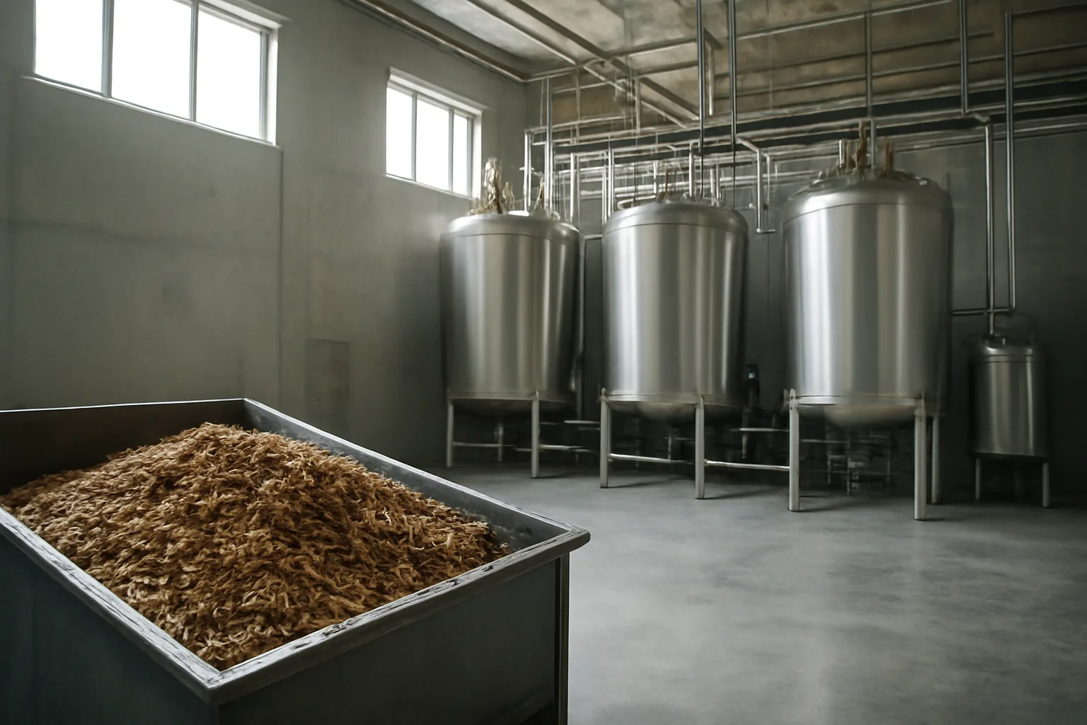 Interior of a Colorado natural organic reduction facility with stainless steel vessels and wood chips