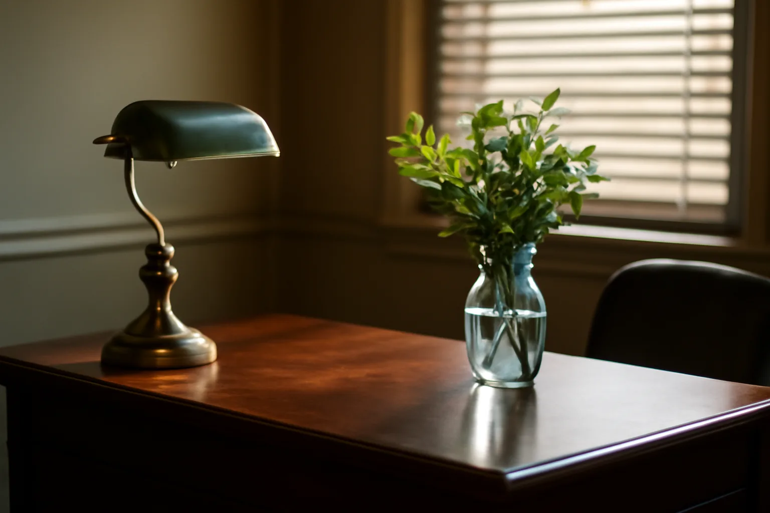 Desk in a Florida funeral regulation office with a lamp and a sealed vase