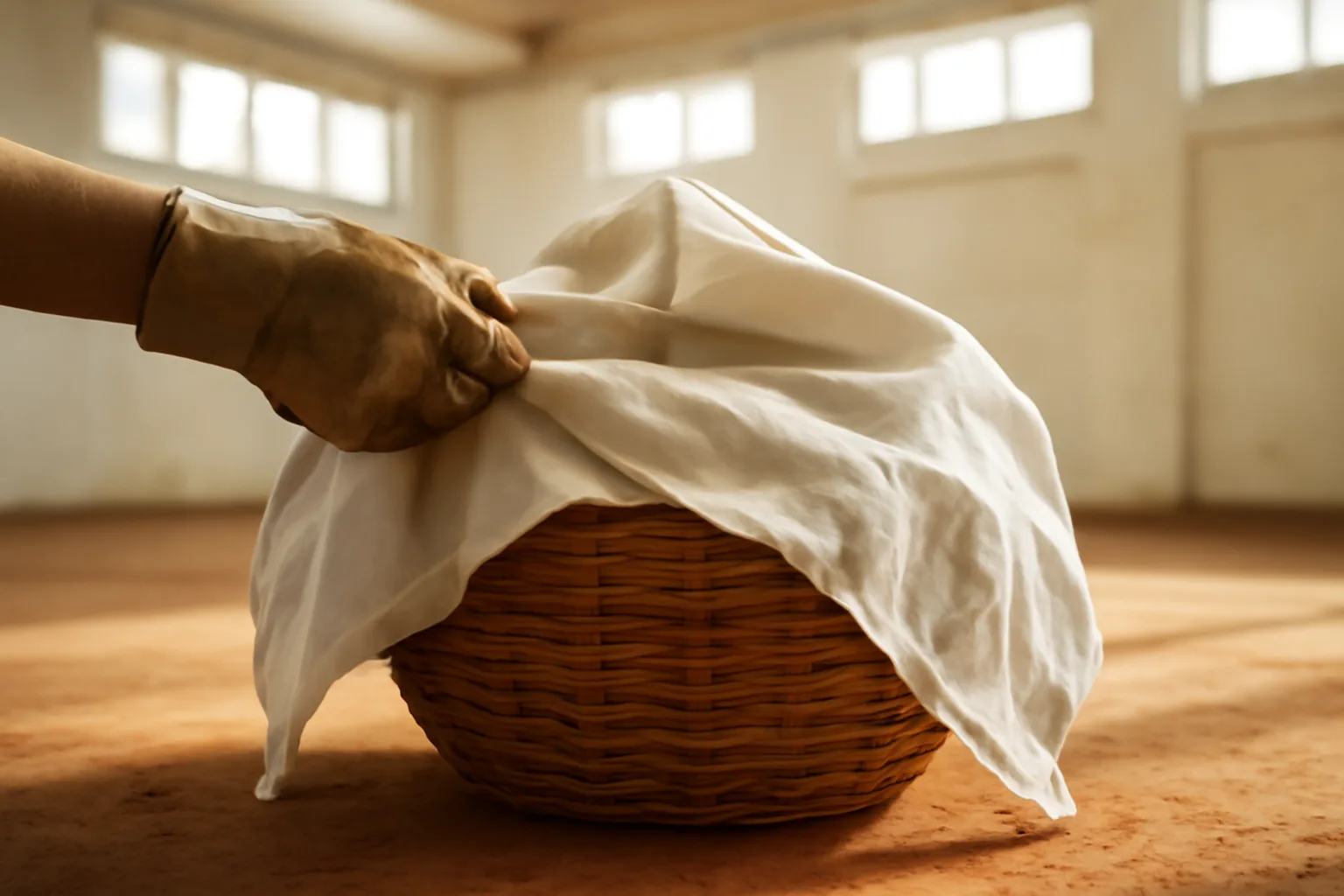 Hands folding a cotton shroud over a human composting vessel in a bright room.