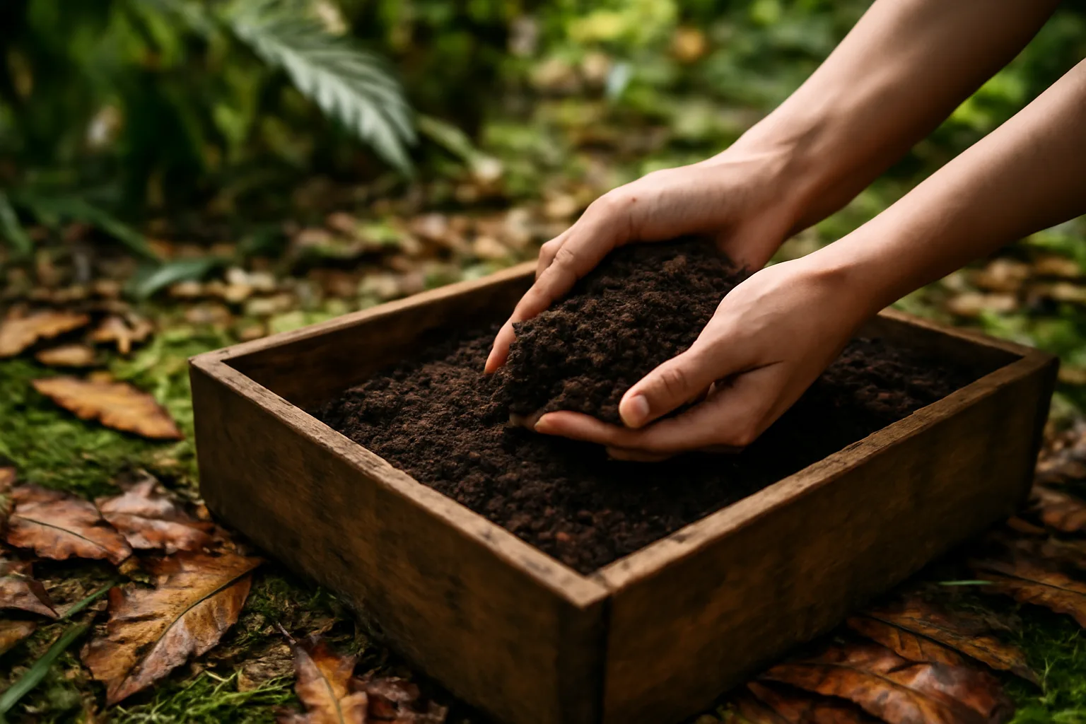 Forest soil mixing in Hawaii representing human composting concept