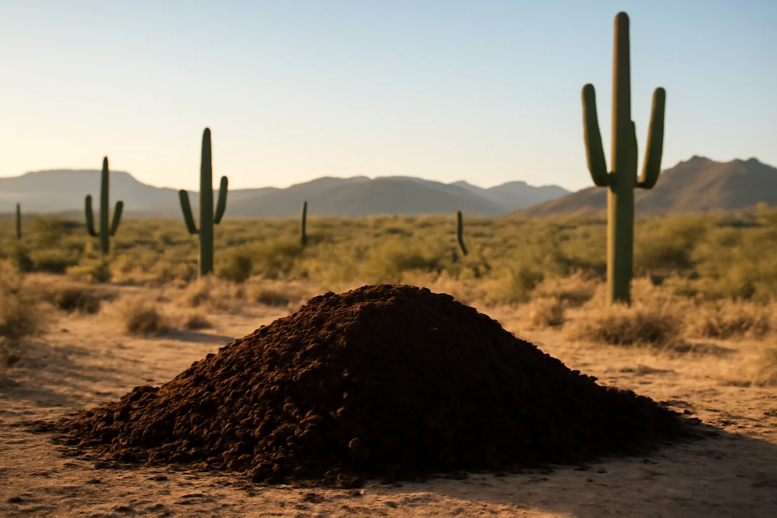 Arizona desert scene with a mound of compost soil in the foreground