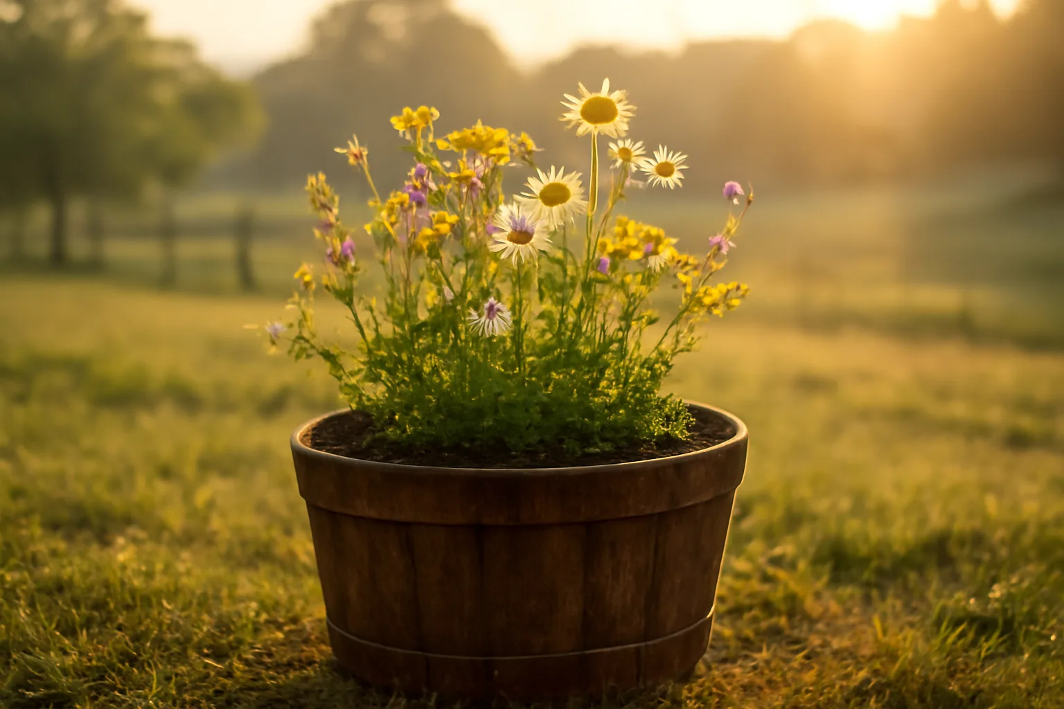 Wooden vessel with soil and plants in an Arkansas meadow, representing natural organic reduction.