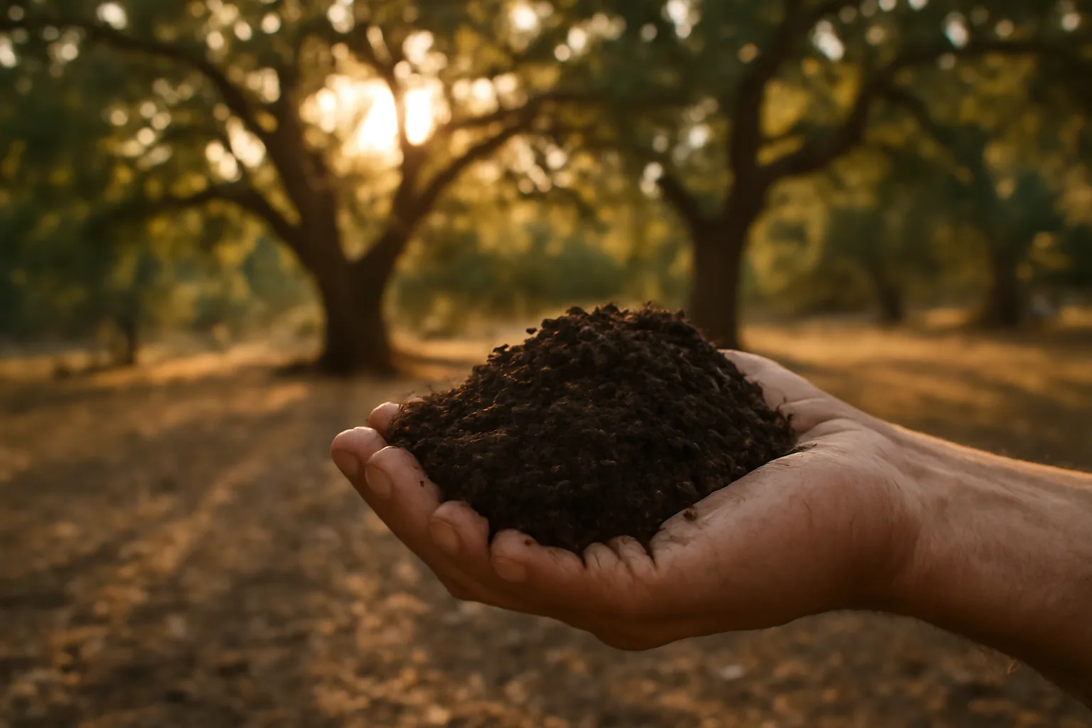 Human composting soil sample in California outdoor setting with oak tree background.