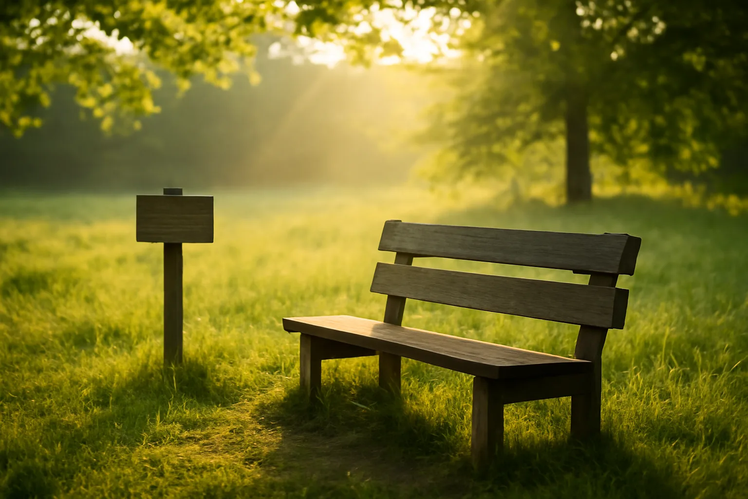 Peaceful Delaware meadow with natural memorial bench, symbolizing natural burial and organic reduction concepts.