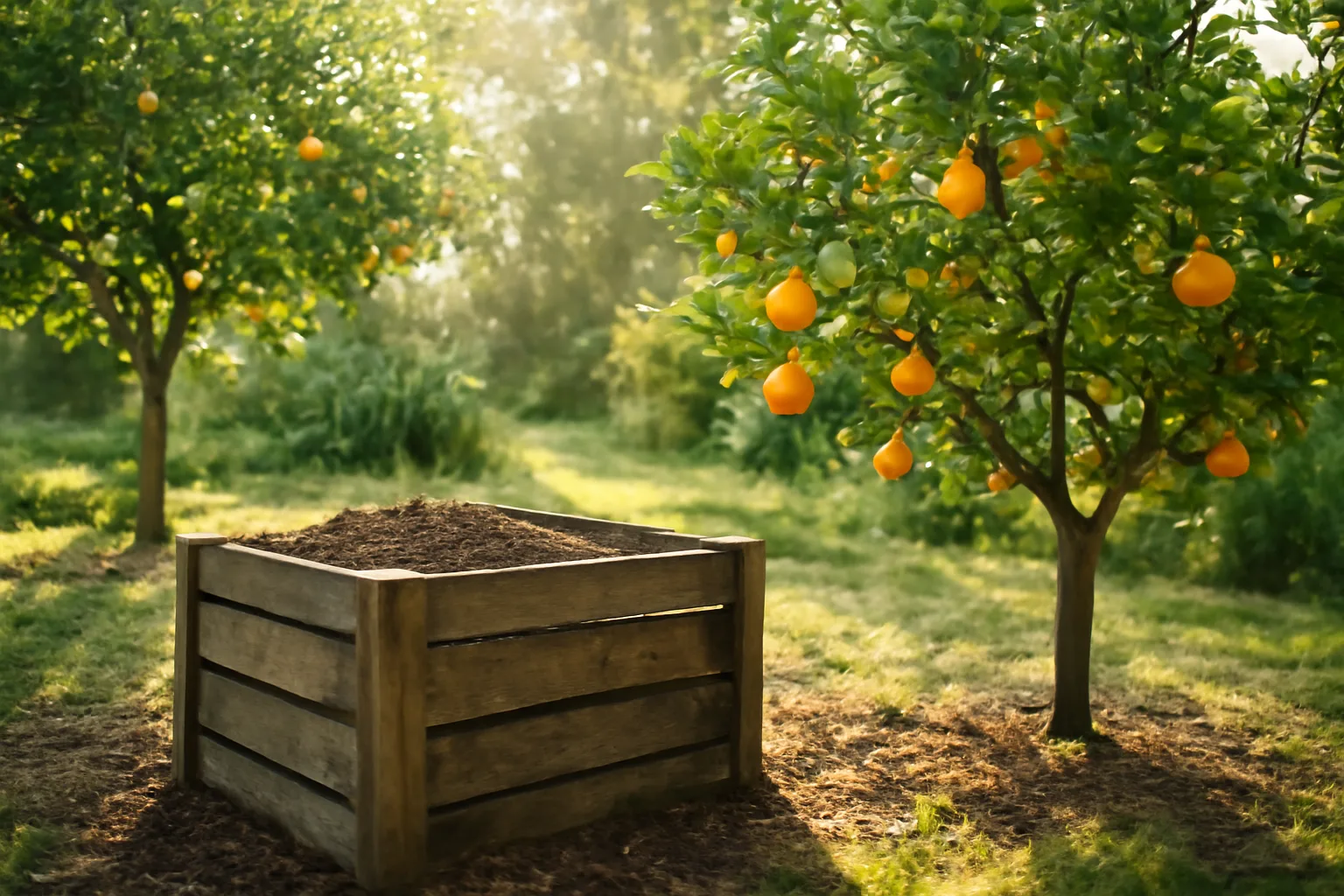 Florida garden with compost bin under citrus trees in morning light