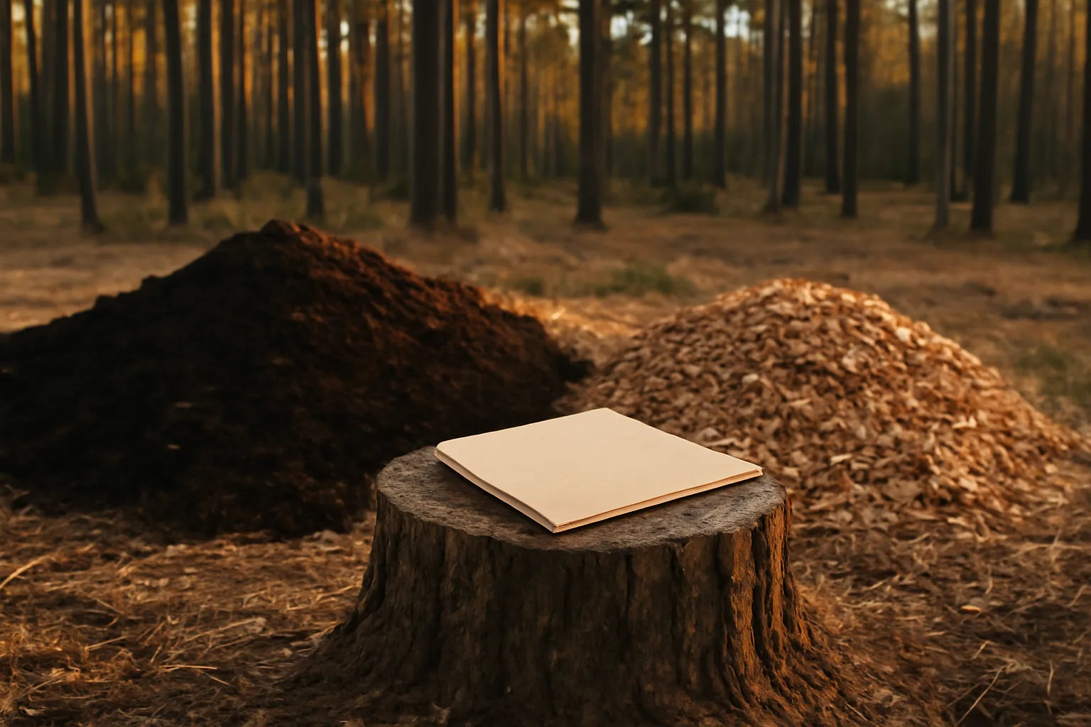 Georgia pine forest edge with dark compost mound and unopened permit folder