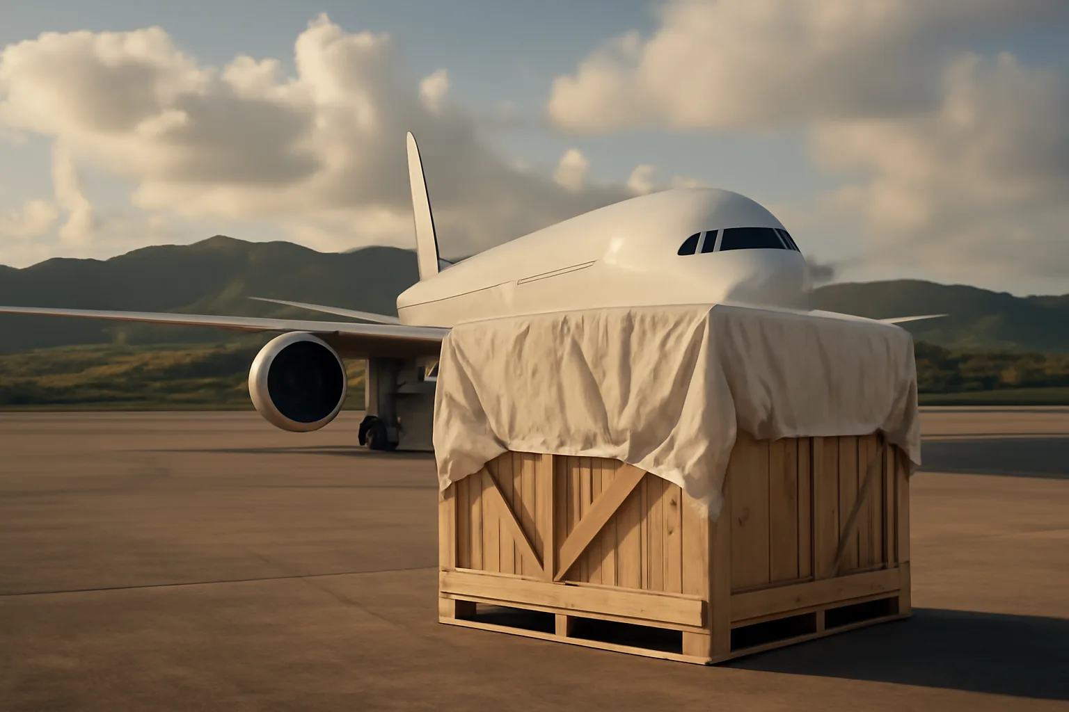 Wrapped air cargo container awaiting shipment from Hawaii to a mainland human composting facility