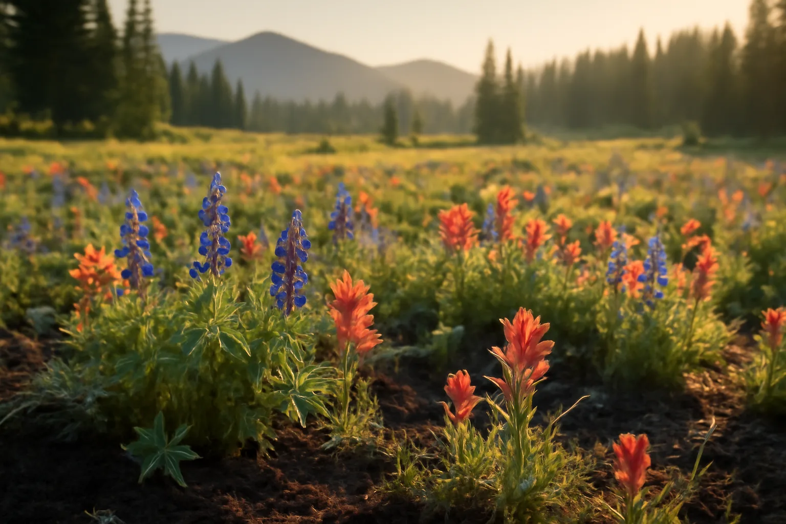 Idaho meadow with rich soil and wildflowers representing the outcome of human composting
