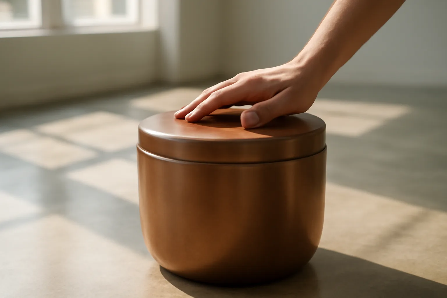 Hand resting on a human composting vessel in a clean sunlit facility room