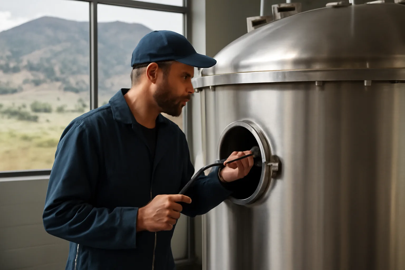Worker checking natural organic reduction vessel at a Colorado composting facility
