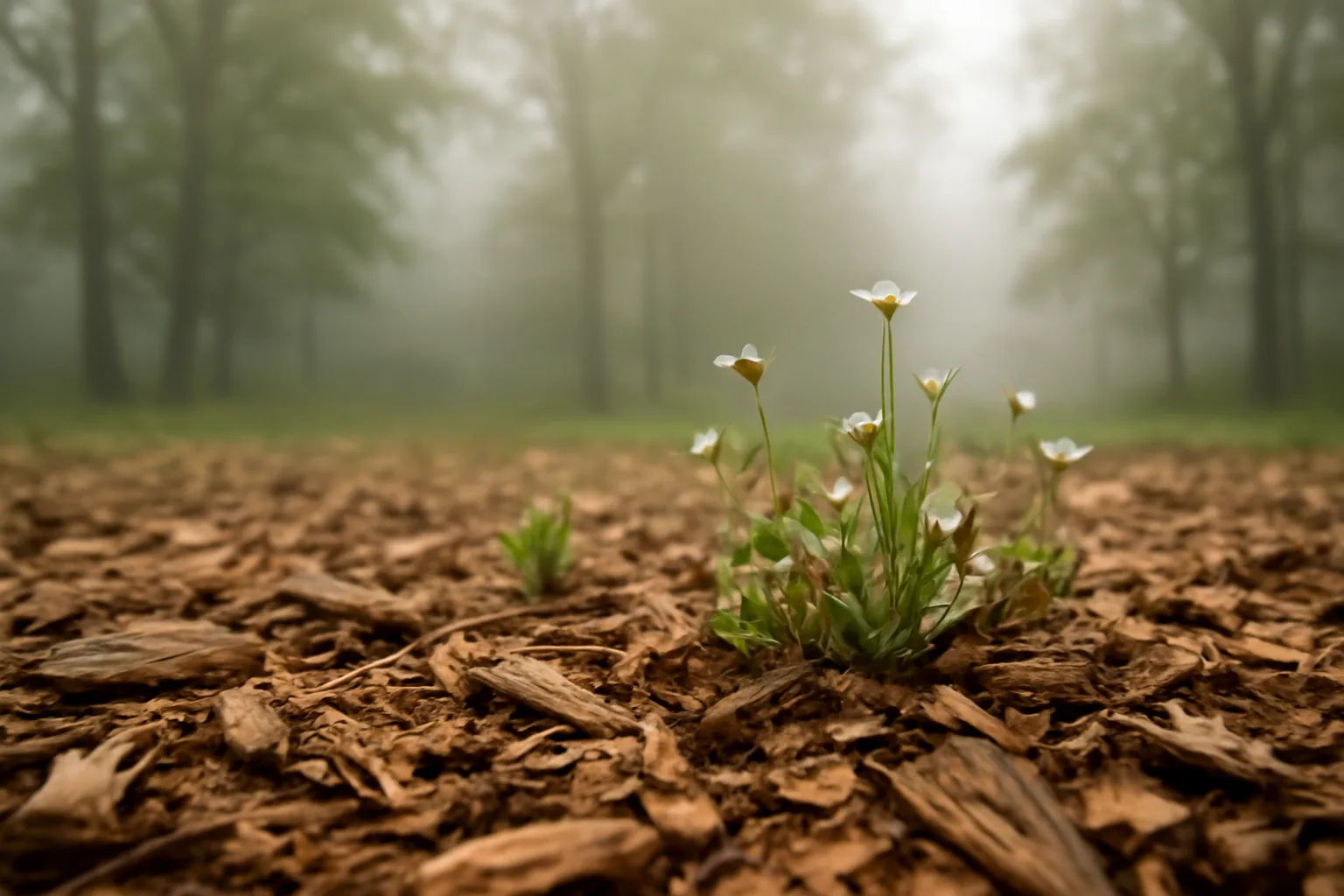Wildflowers growing in woodchips, representing natural organic reduction renewal in Delaware