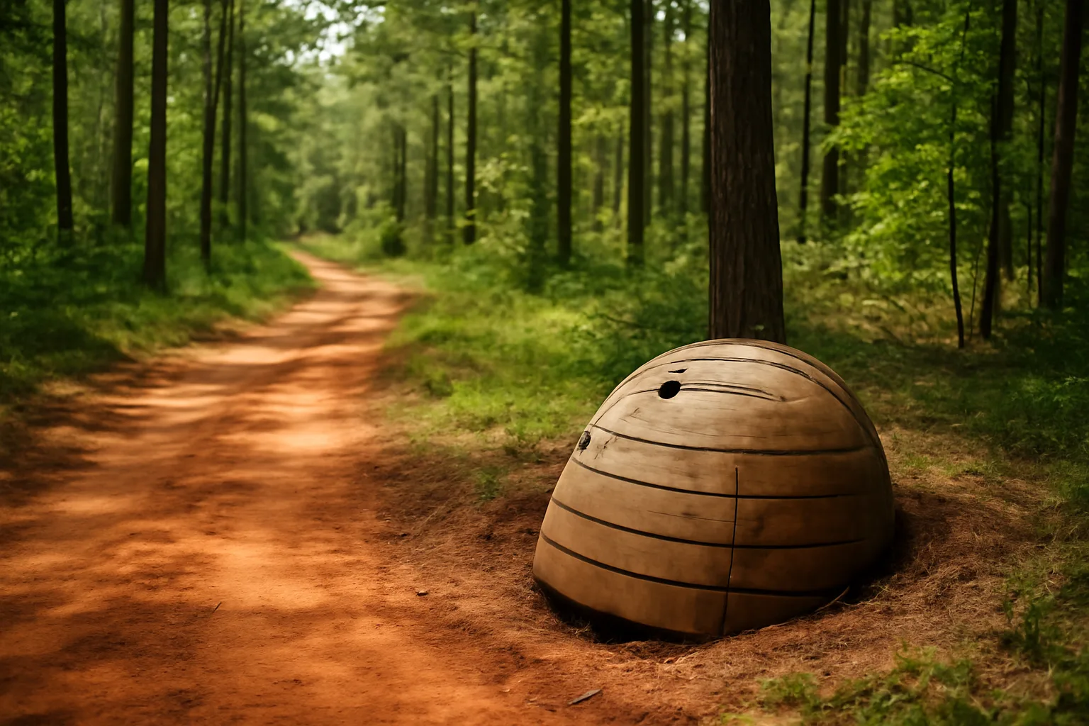 Red clay forest path with wooden human composting vessel in Georgia