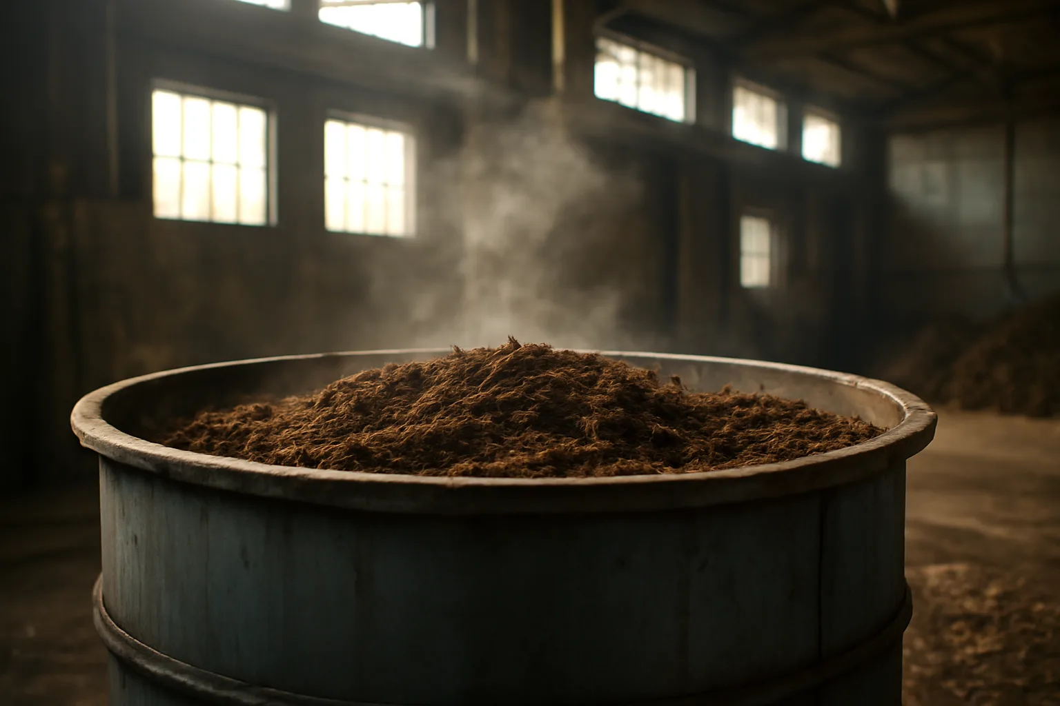 An empty human composting vessel waiting in an Alabama warehouse, morning light falling on wood chips and steel
