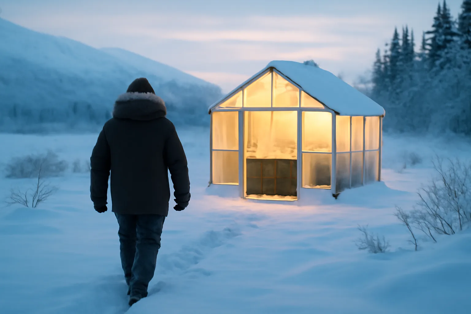 A person walking toward a small greenhouse composting facility in a snowy Alaskan landscape.