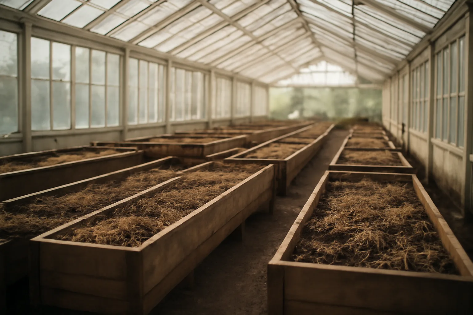 Greenhouse with soil-filled human composting vessels in natural light