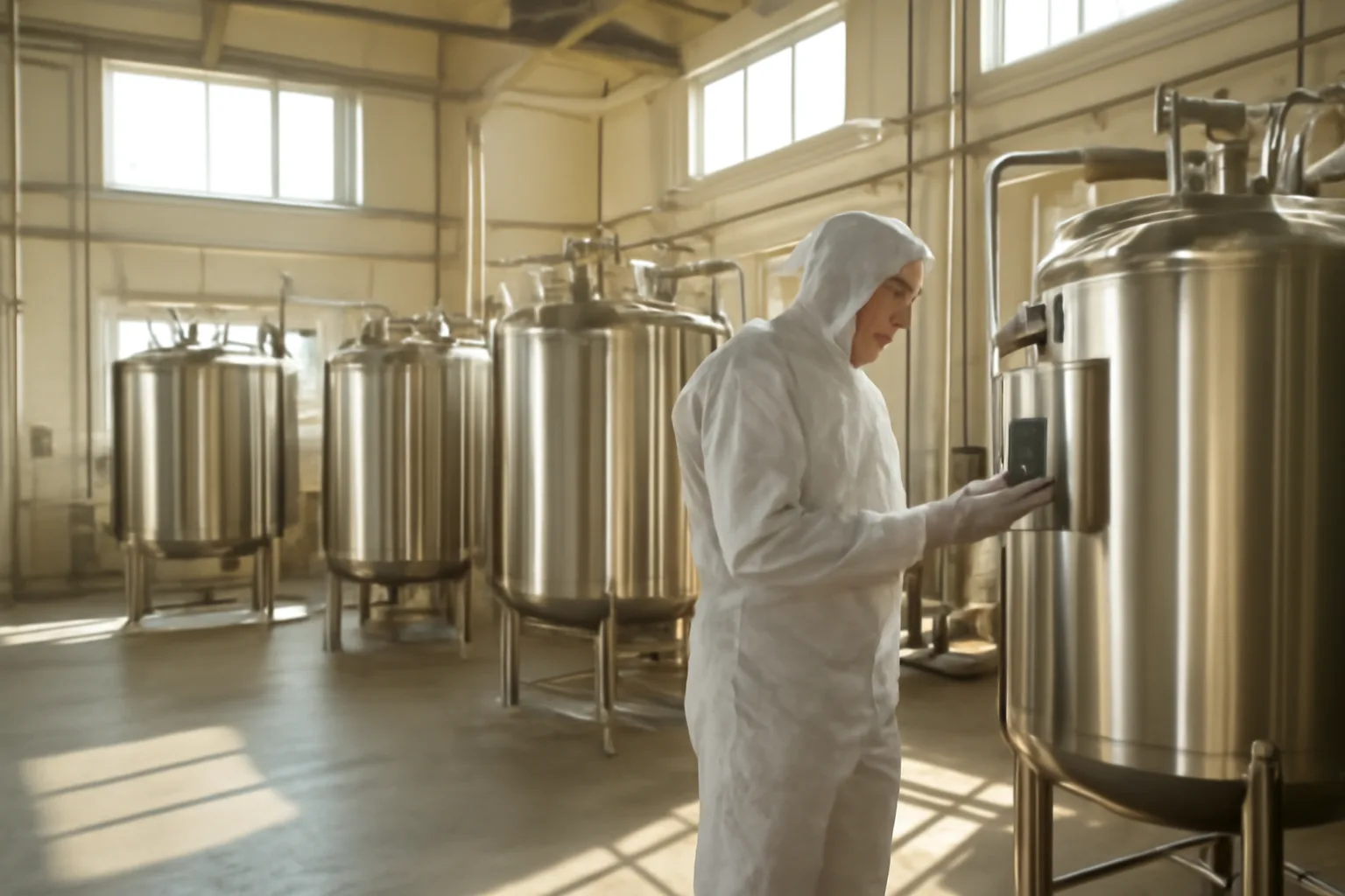 Worker checking natural organic reduction vessel in a California facility, human composting equipment