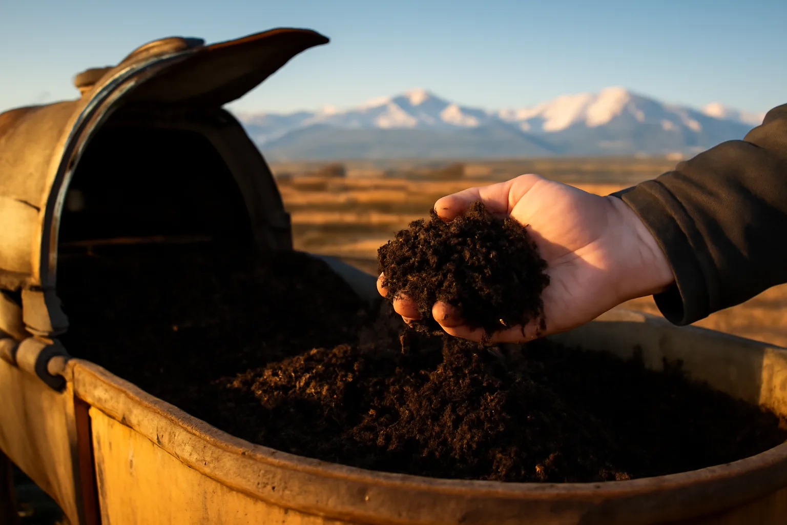 Person holding dark compost soil beside a metal composting vessel in Colorado.
