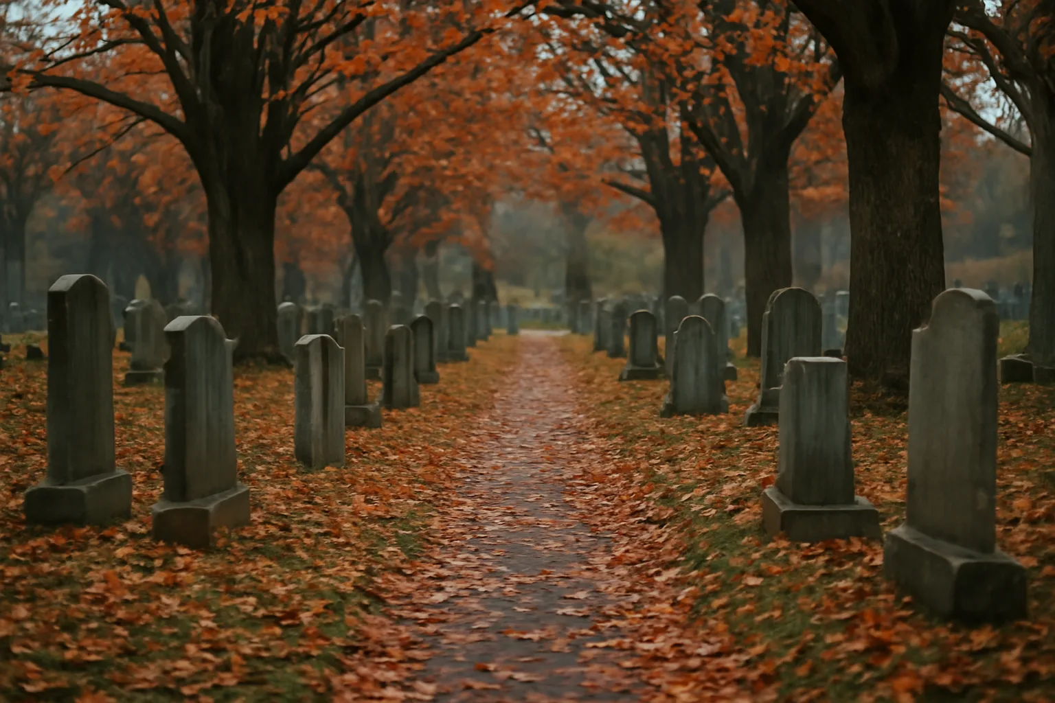 Granite headstones and a stone wall along a Connecticut cemetery path in autumn.