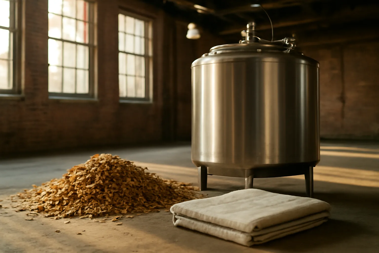 Sunlit stainless steel vessel with wood chips in a clean Delaware warehouse