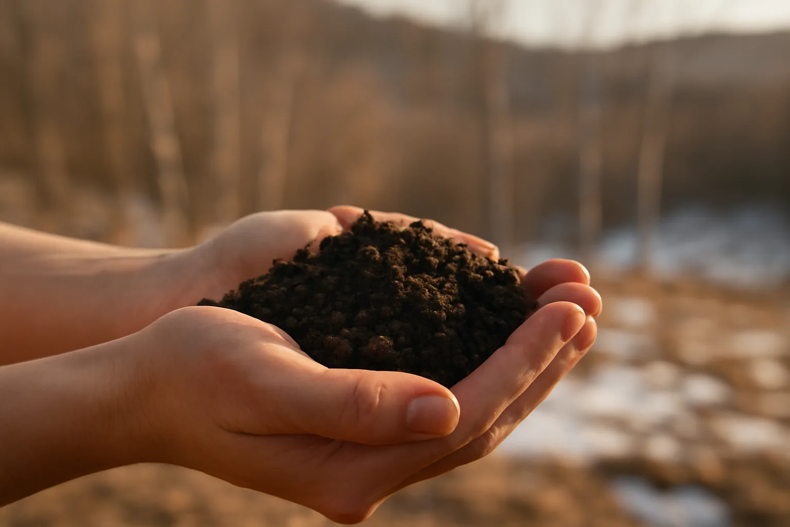 Hands holding dark composted soil with Vermont winter hillside in background