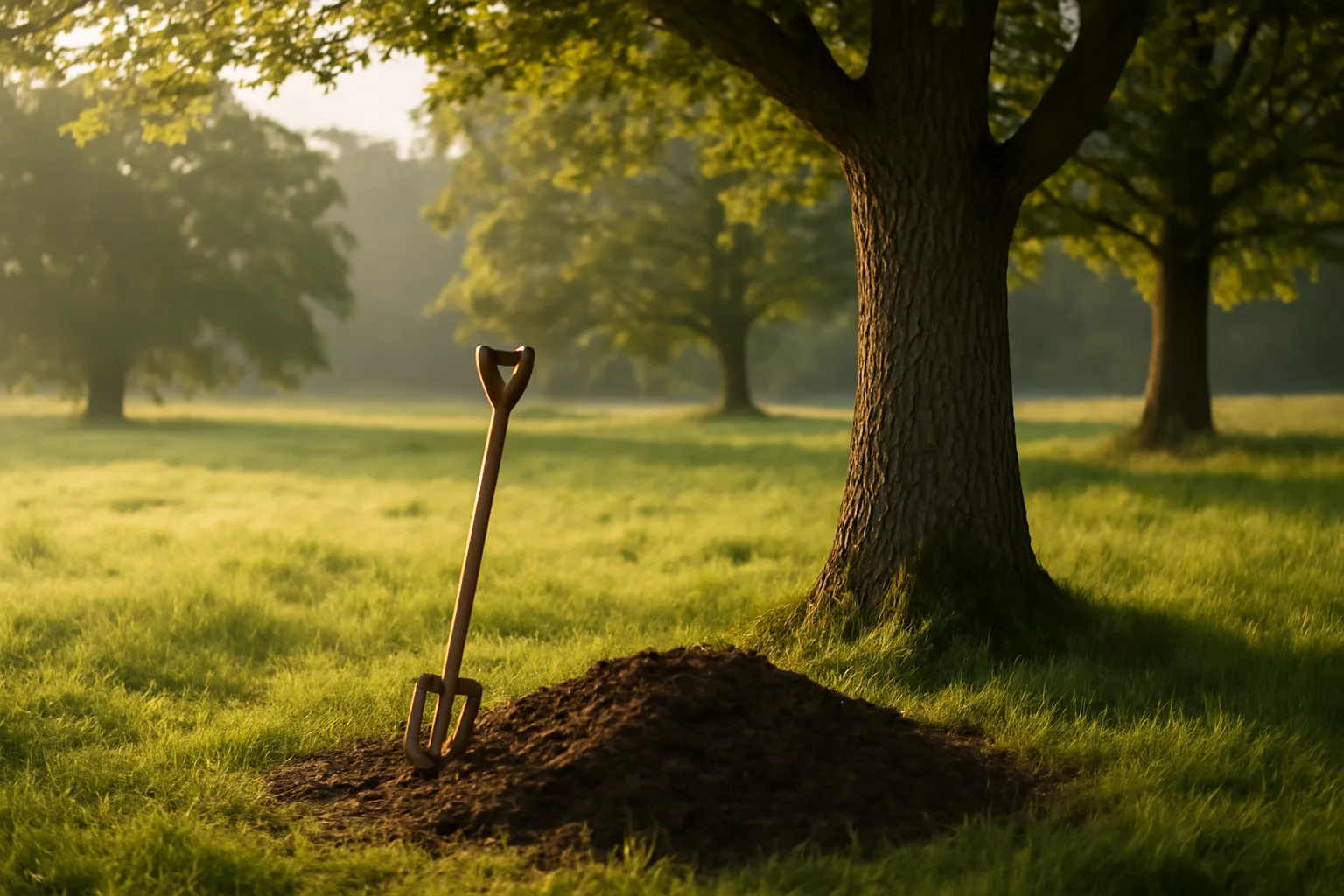 Dark composted soil and garden fork in a sunlit Virginia meadow at dawn