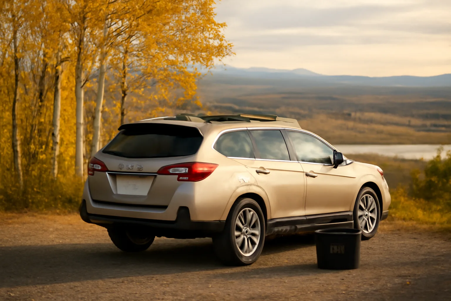 Subaru near Alaska river with soil container, human composting context