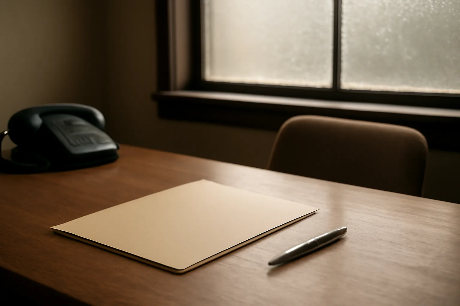 Empty California cemetery office desk with a blank application folder in morning light