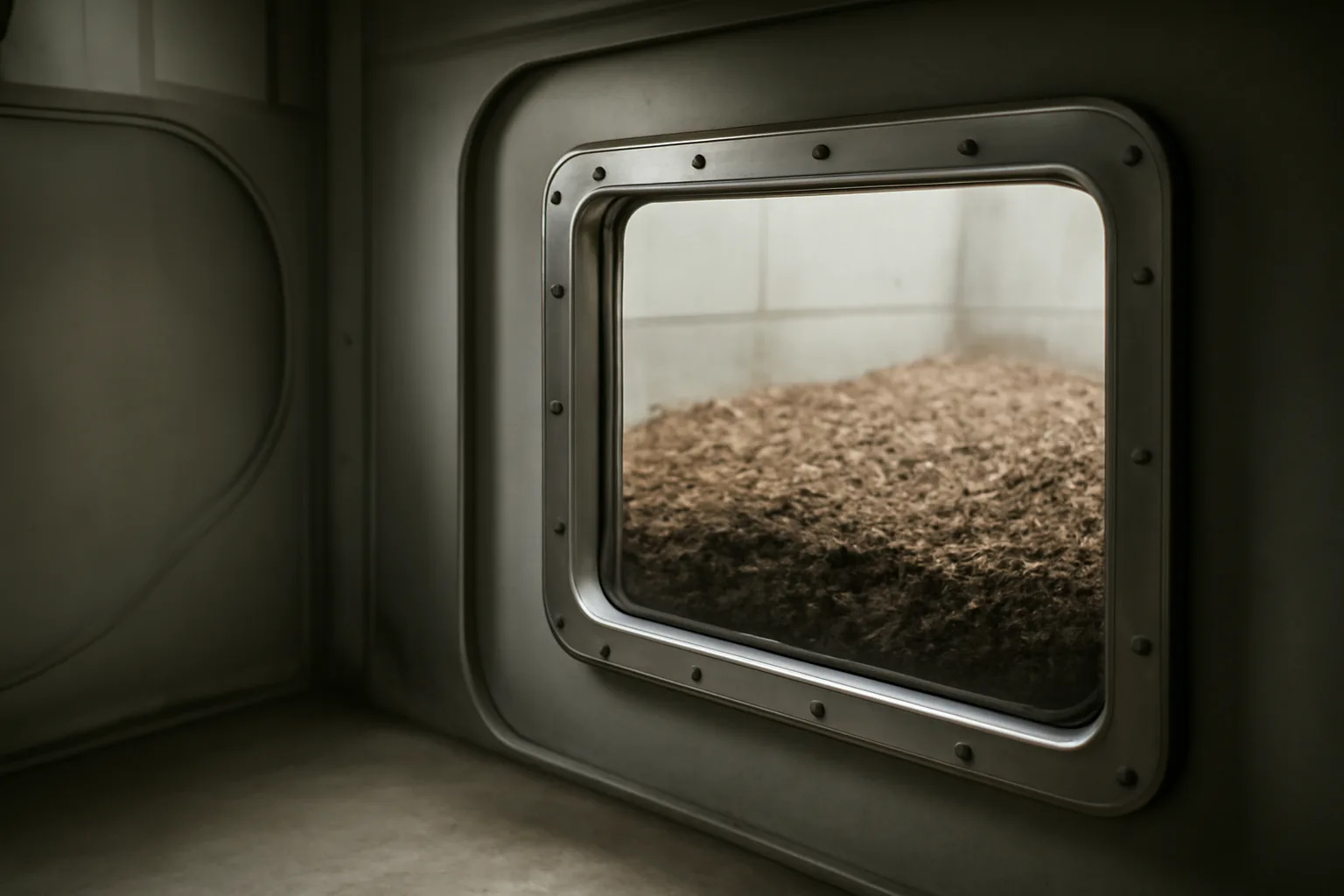 Empty human composting vessel showing wood chips and soil