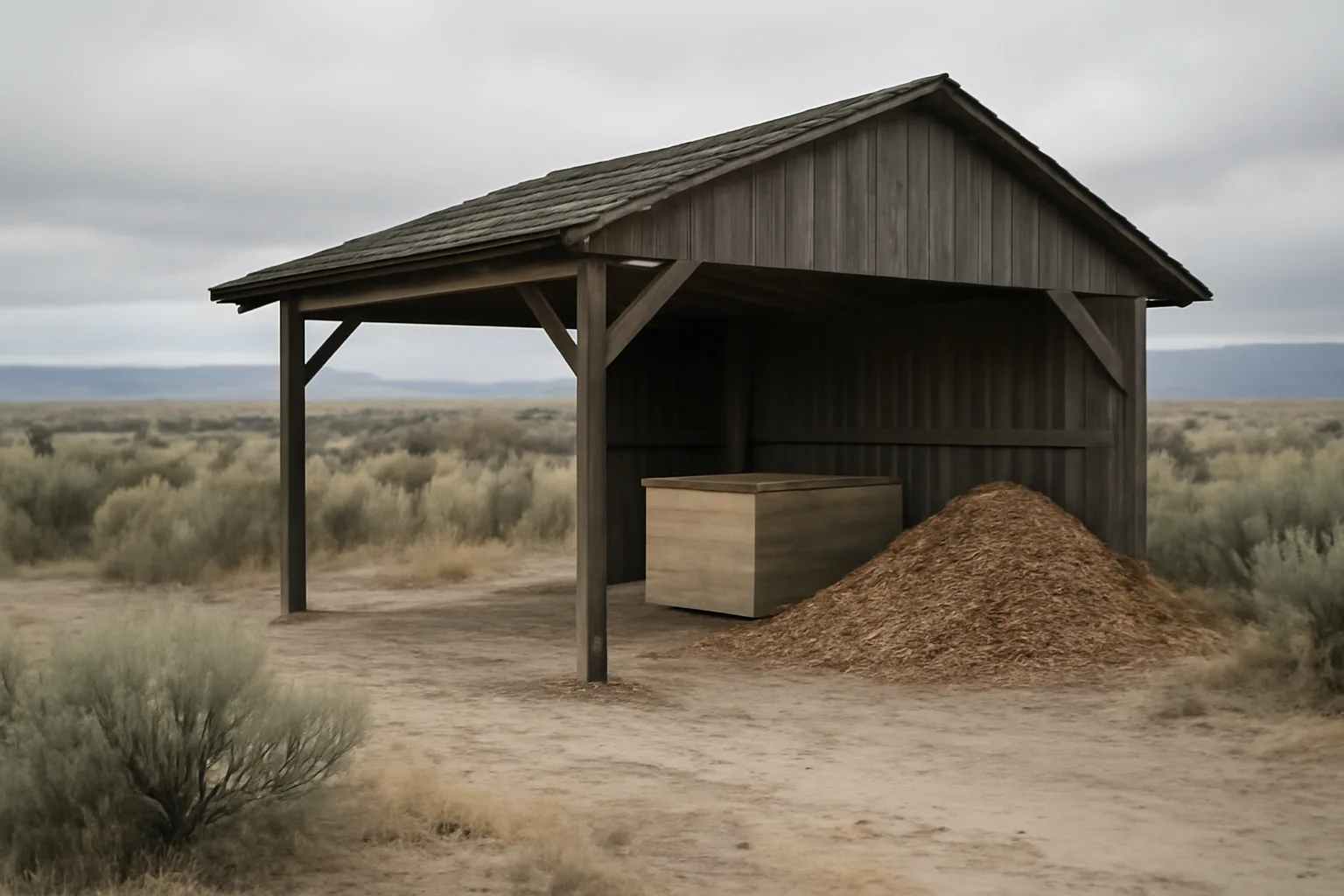Wood chip pile and wooden vessel in an Idaho human composting shed