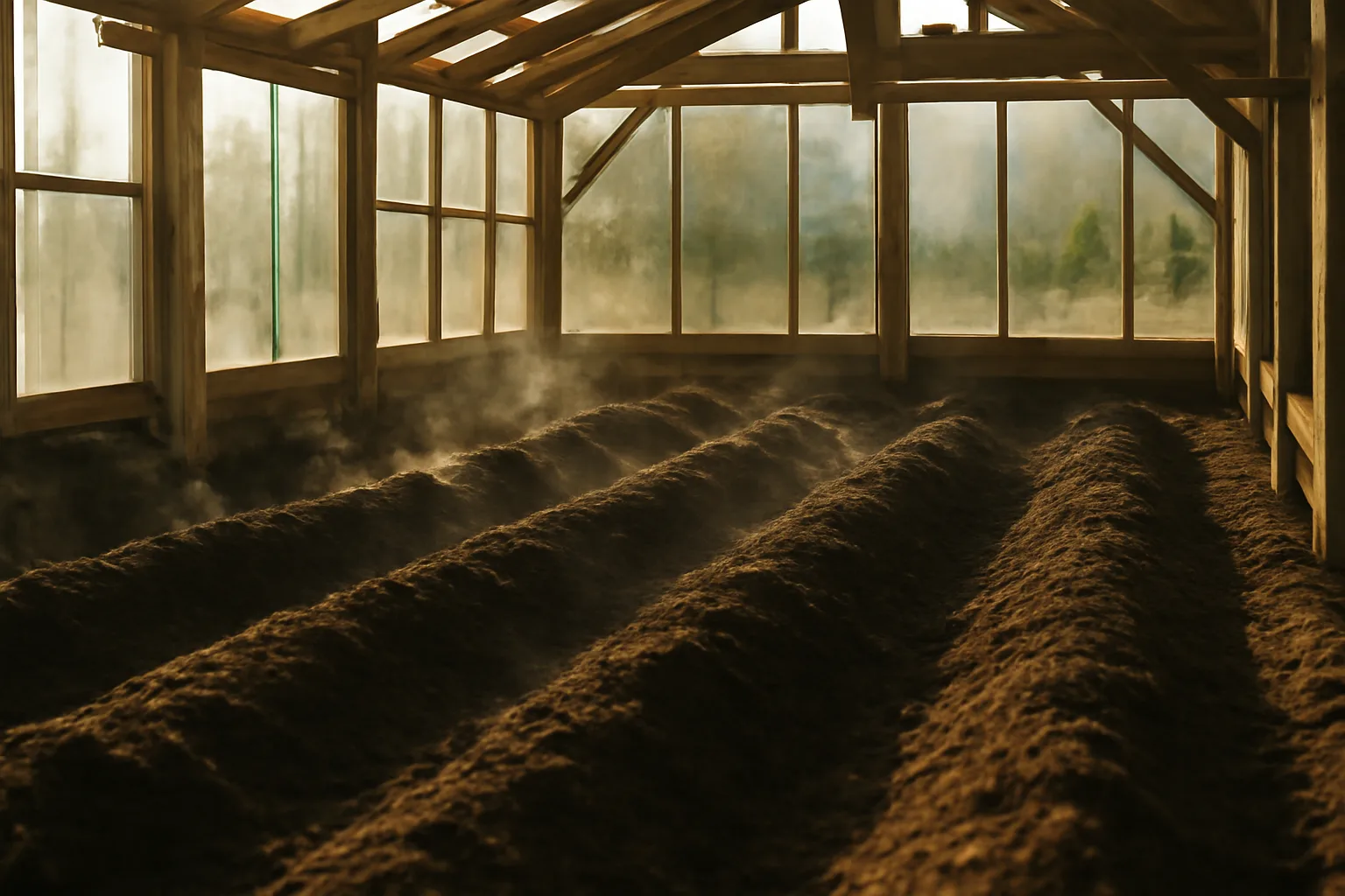 Steaming soil mounds inside a wooden greenhouse representing human composting process