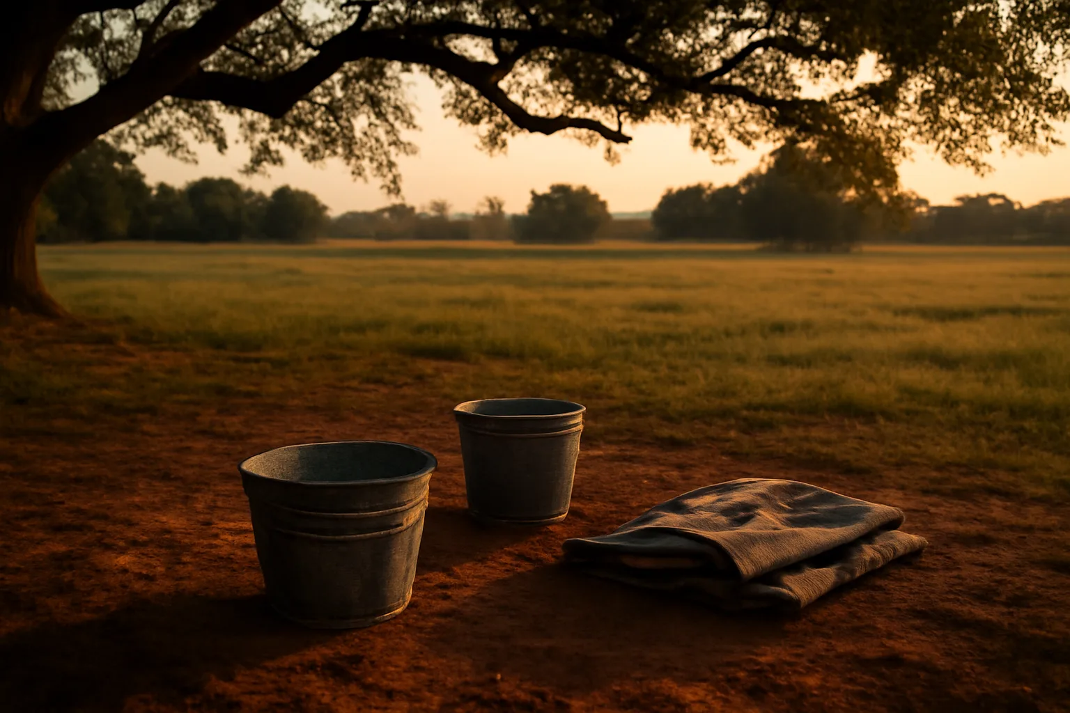 Red clay Alabama soil under oak limbs at dusk, open ground