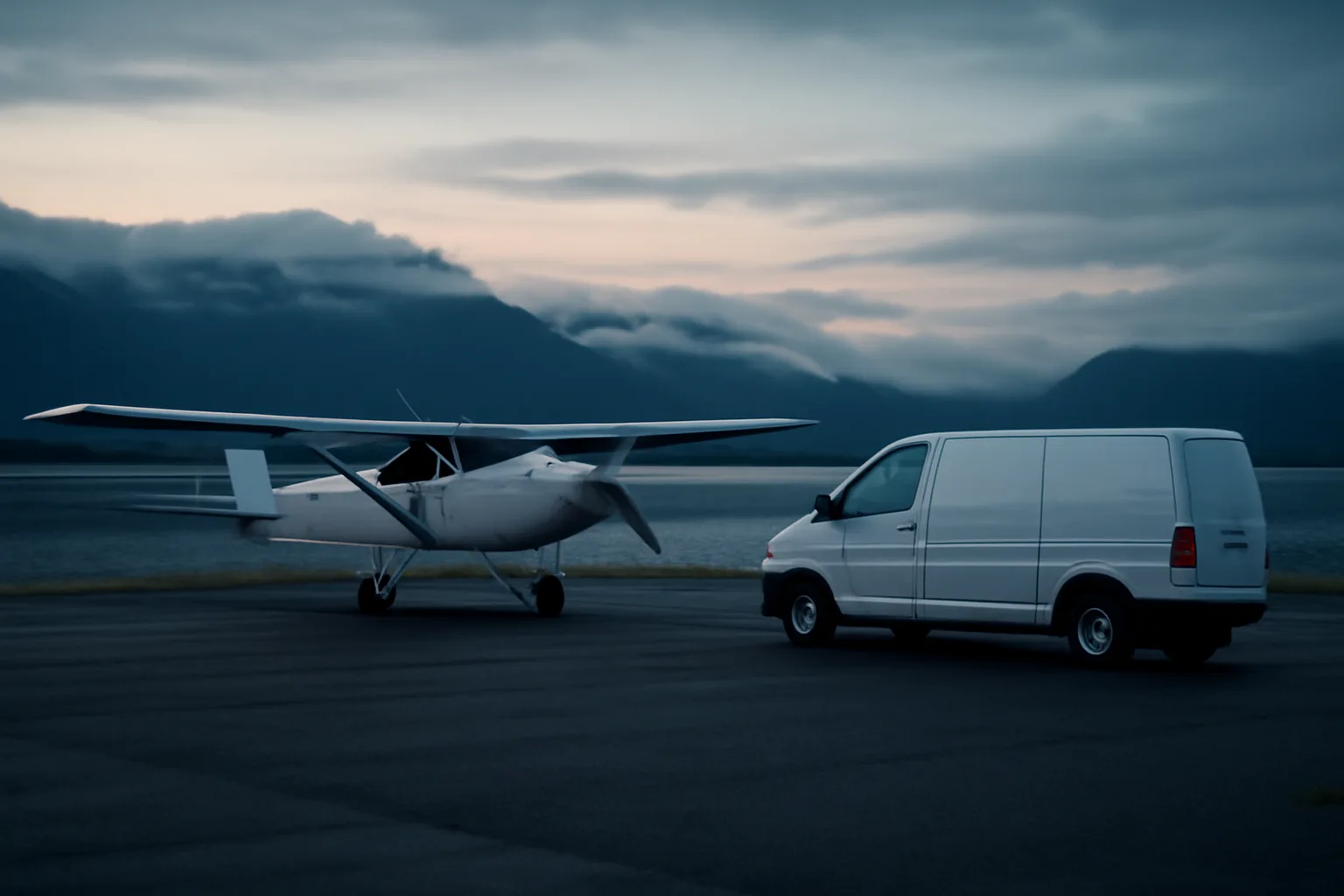 Small cargo plane and unmarked van at an Alaska waterfront airstrip