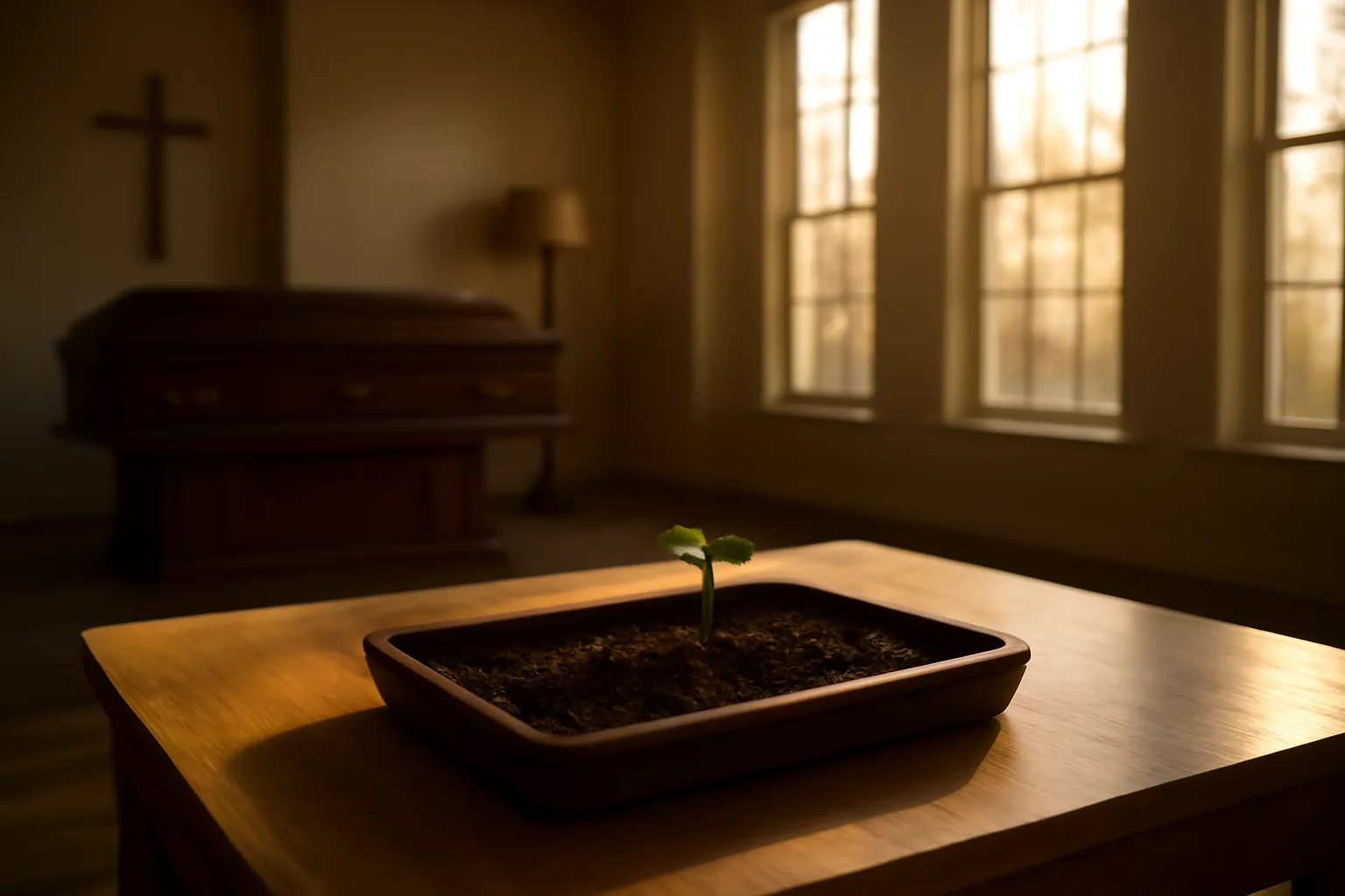 Finished soil from human composting on a wooden tray in a Colorado funeral home
