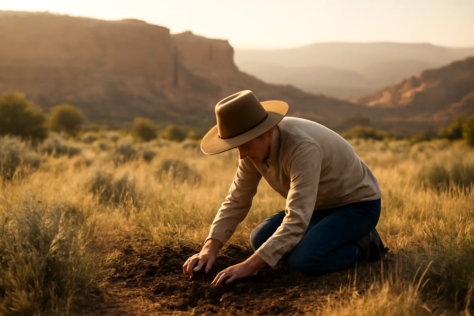 Person kneeling in a Utah desert meadow gently working dark soil into the ground
