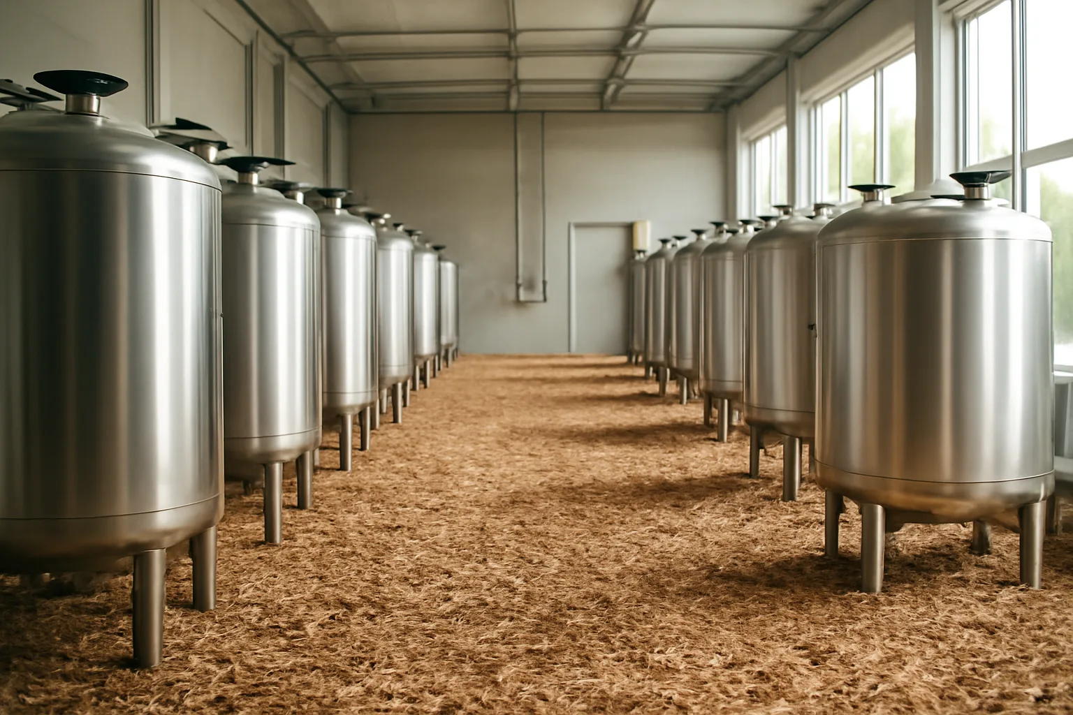 Modern human composting facility interior with natural light and reduction vessels, illustrating the process that is not yet legal in Alaska