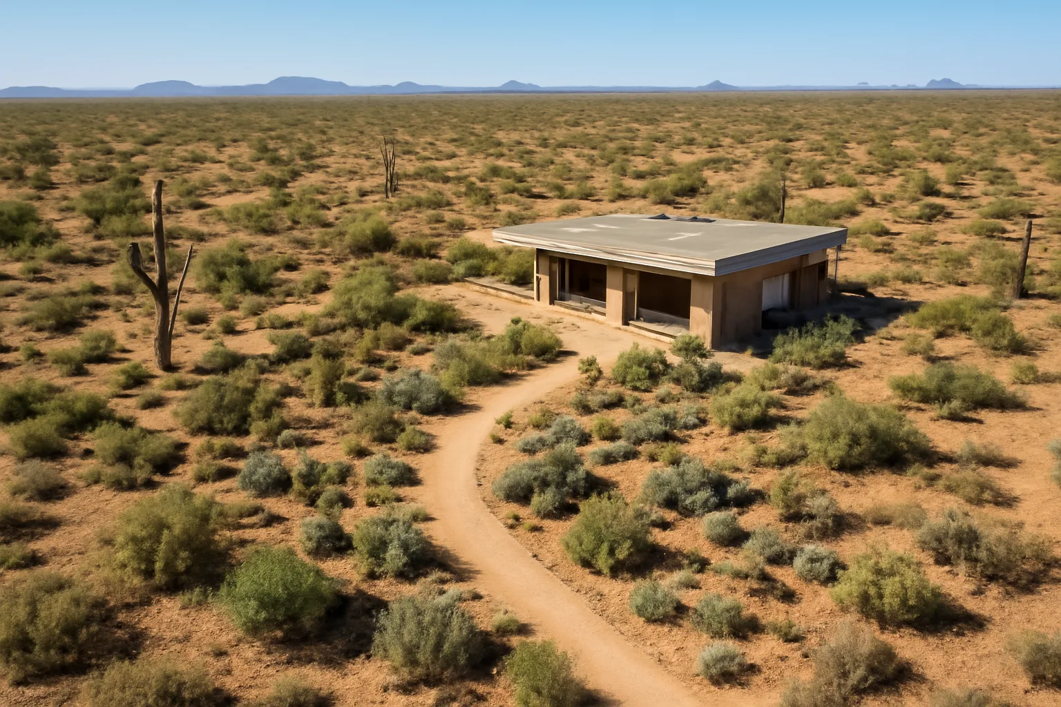 Arizona desert landscape with a low building and composting area, representing human composting in the state