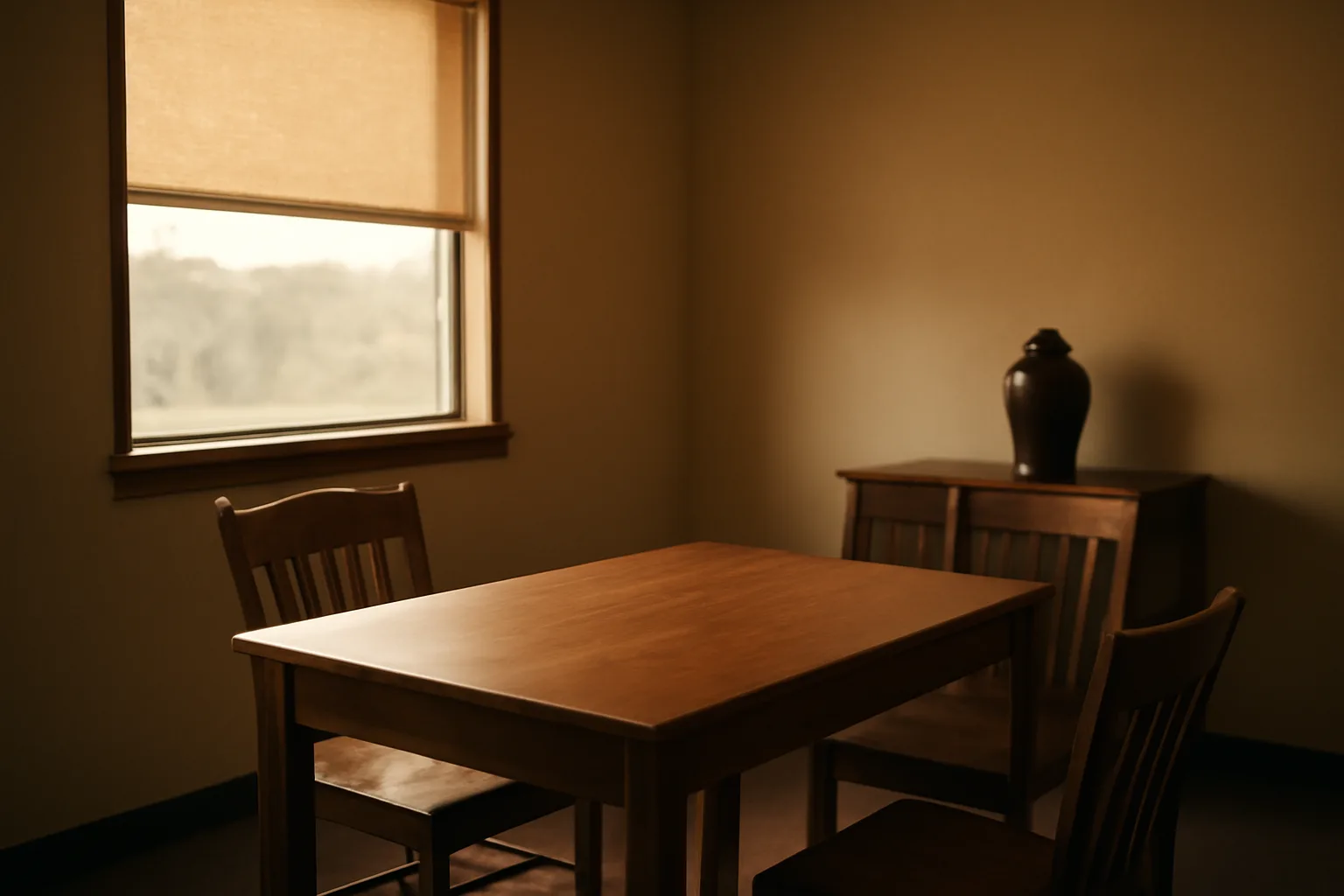 Rural Arkansas funeral home room with bare table and chairs, no text