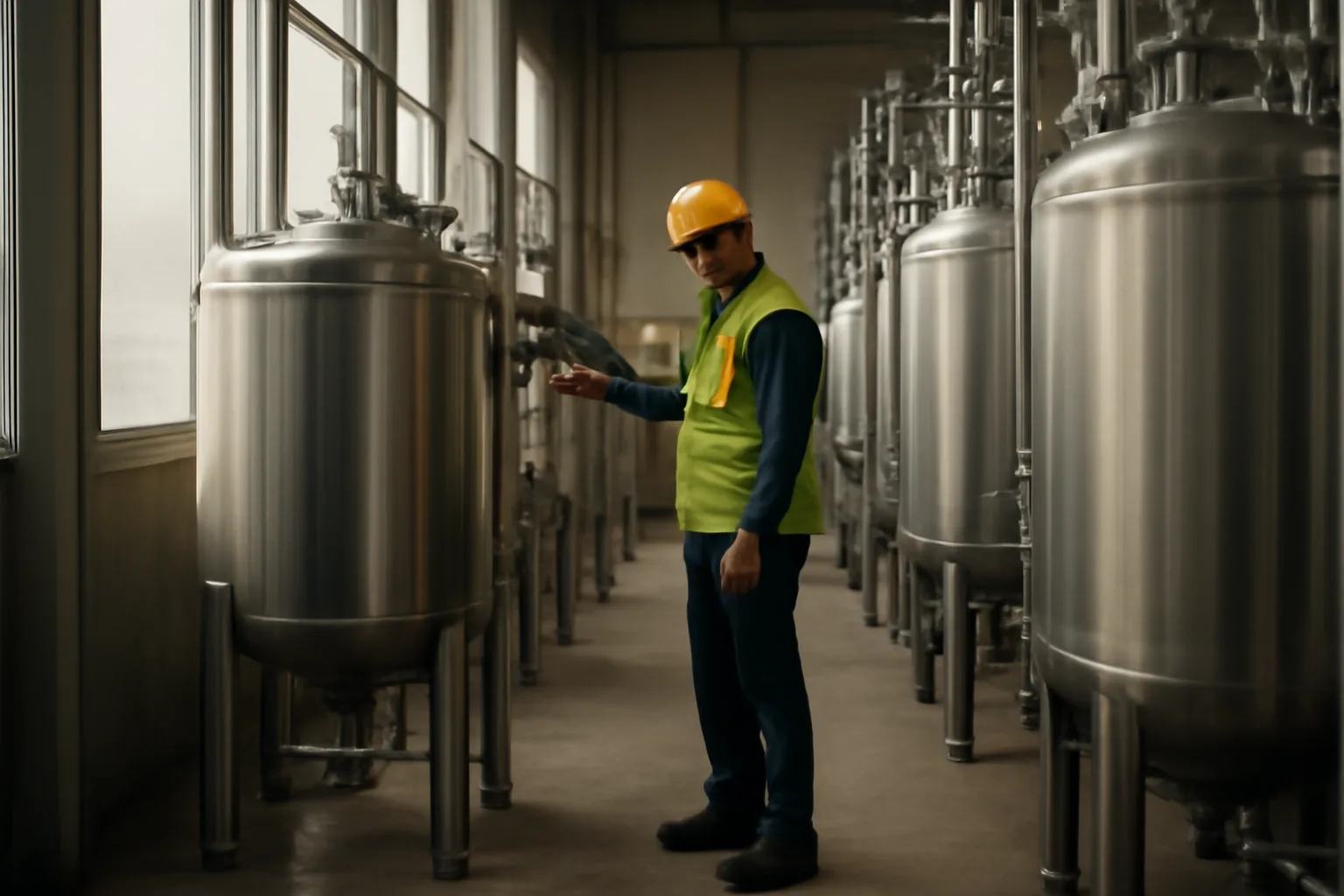Worker checking temperature gauge on a stainless steel human composting vessel