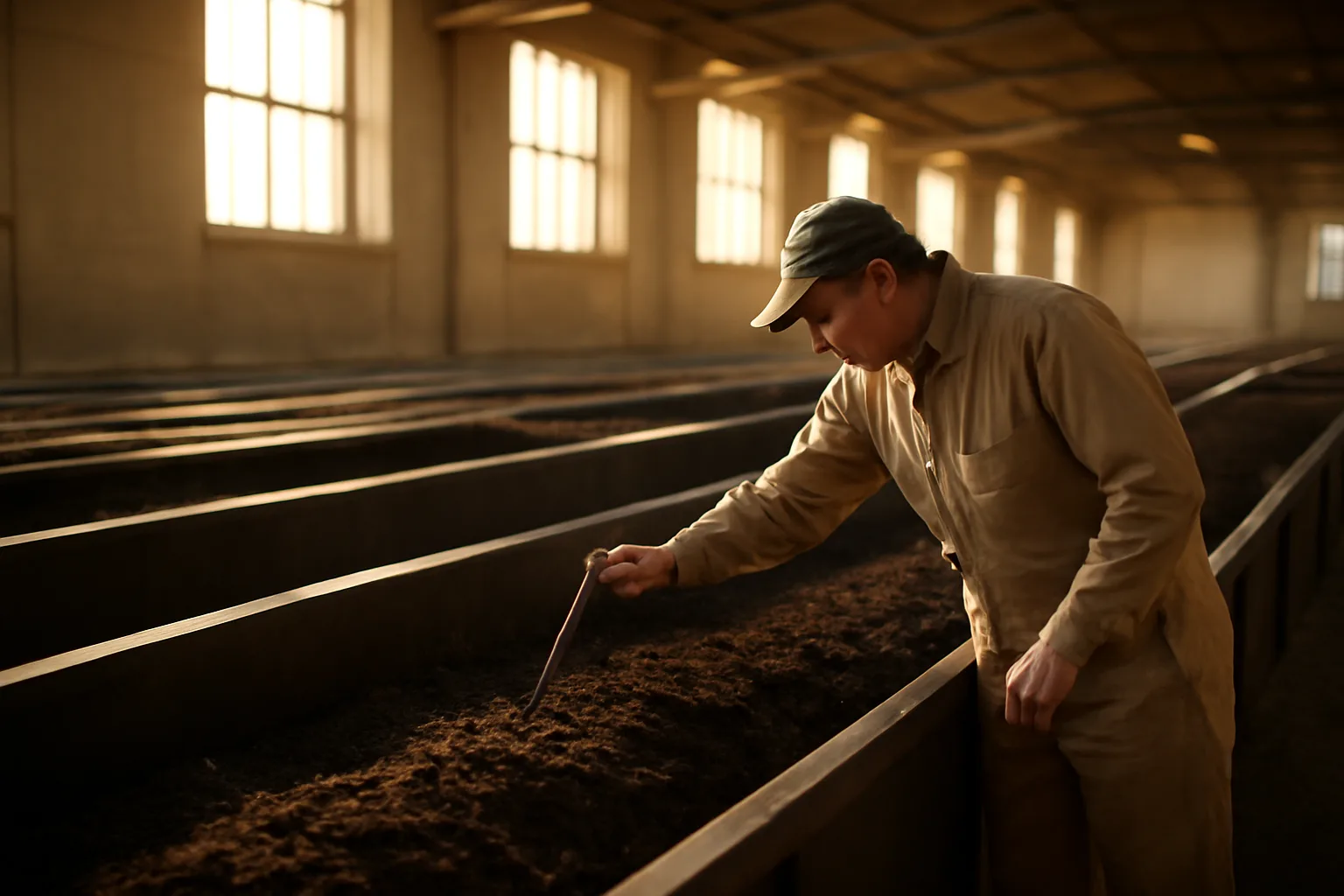Row of dark compost vessels inside a Colorado human composting facility