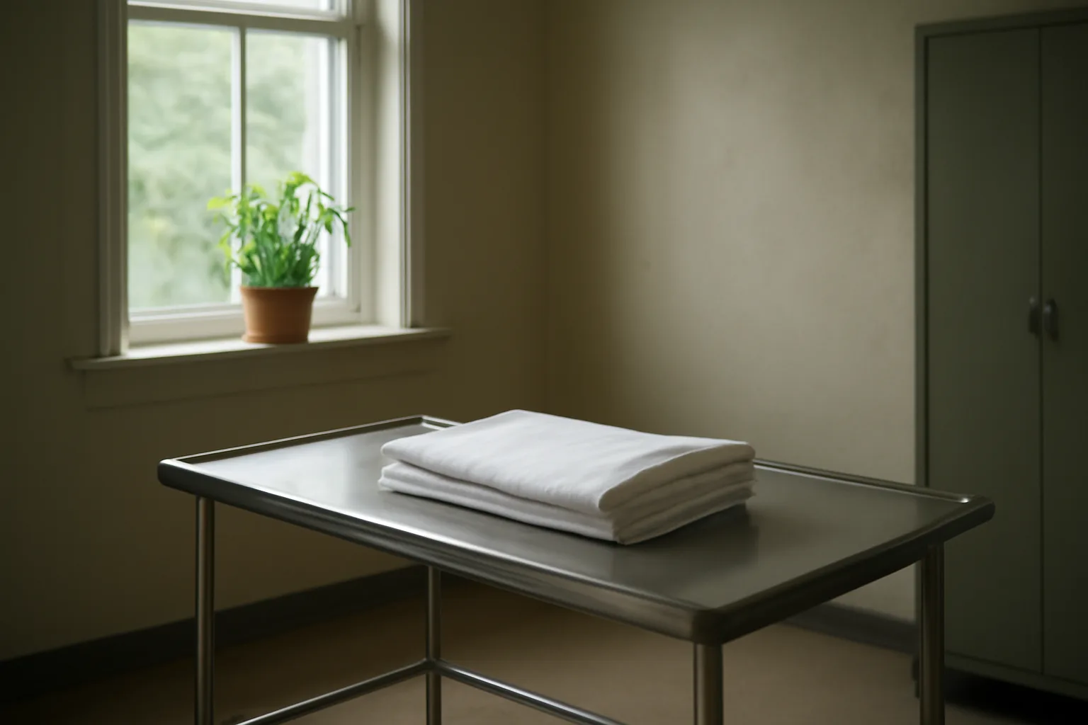 Quiet Connecticut funeral home preparation room with empty table and daylight.