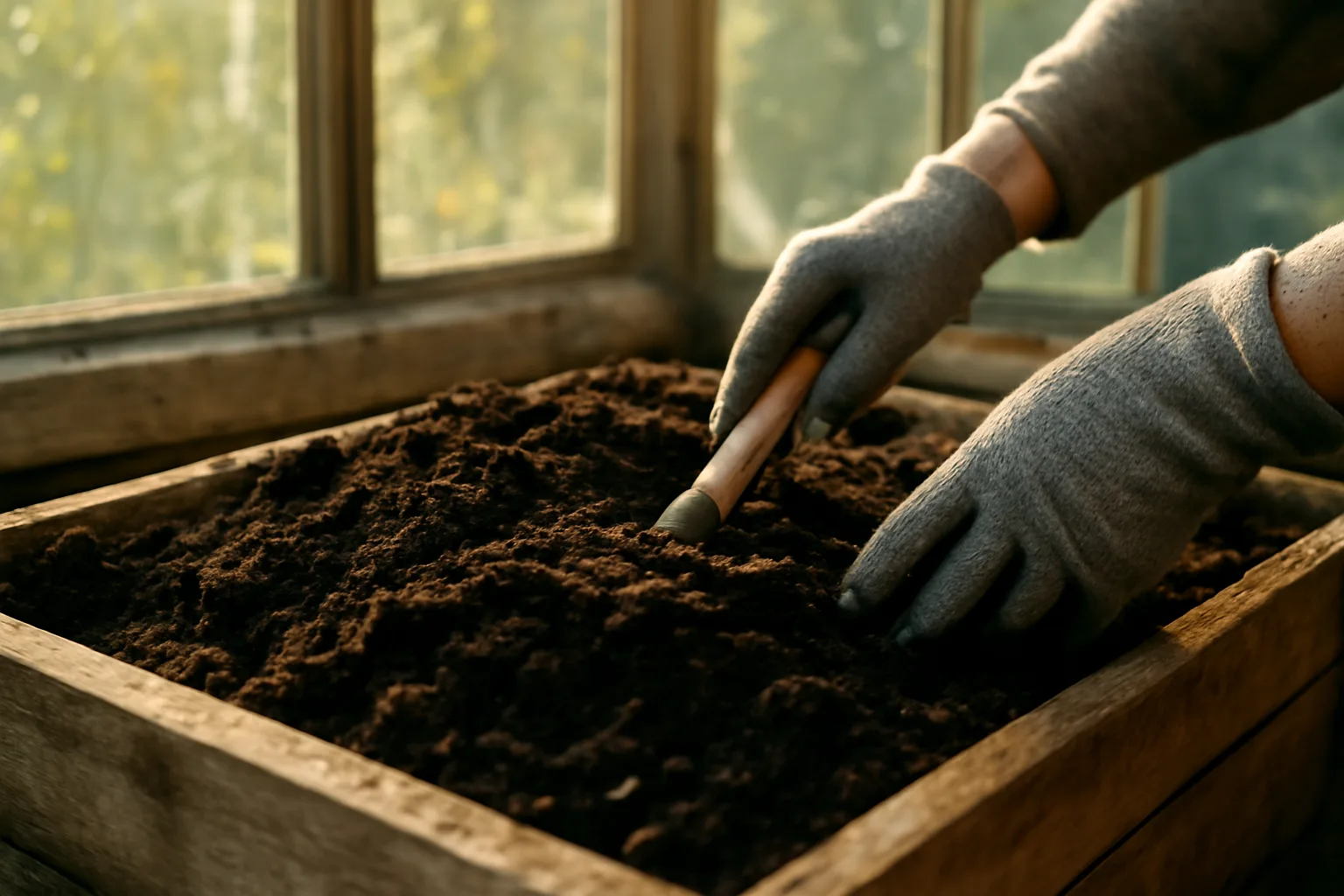 Gloved hands turning dark compost soil in a wooden vessel under natural light