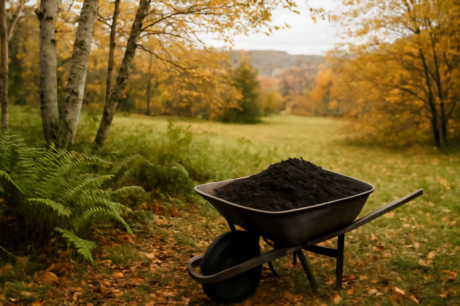 Dark humus soil in a wheelbarrow in a Vermont hillside meadow surrounded by birch trees