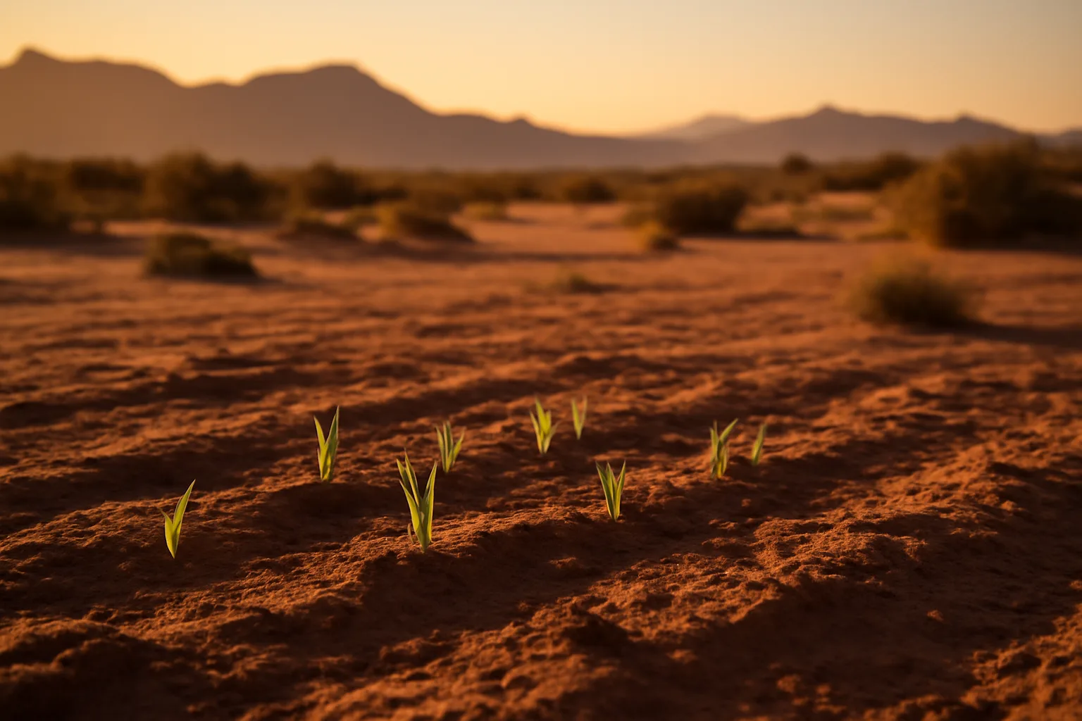 Green sprouts in Arizona desert soil, symbolizing human composting concept, no signage.