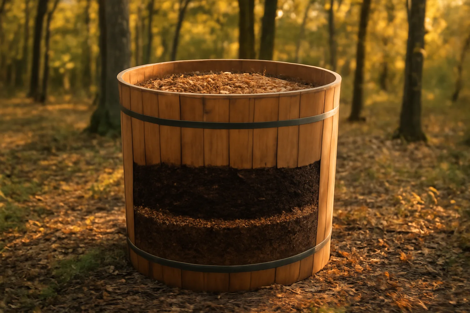 Empty human composting vessel in an Arkansas forest at sunset