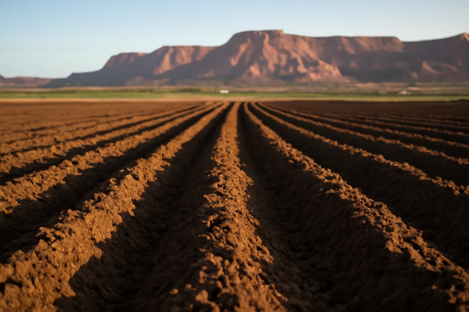Dark fertile soil mounded in rows in a Utah desert field at early morning