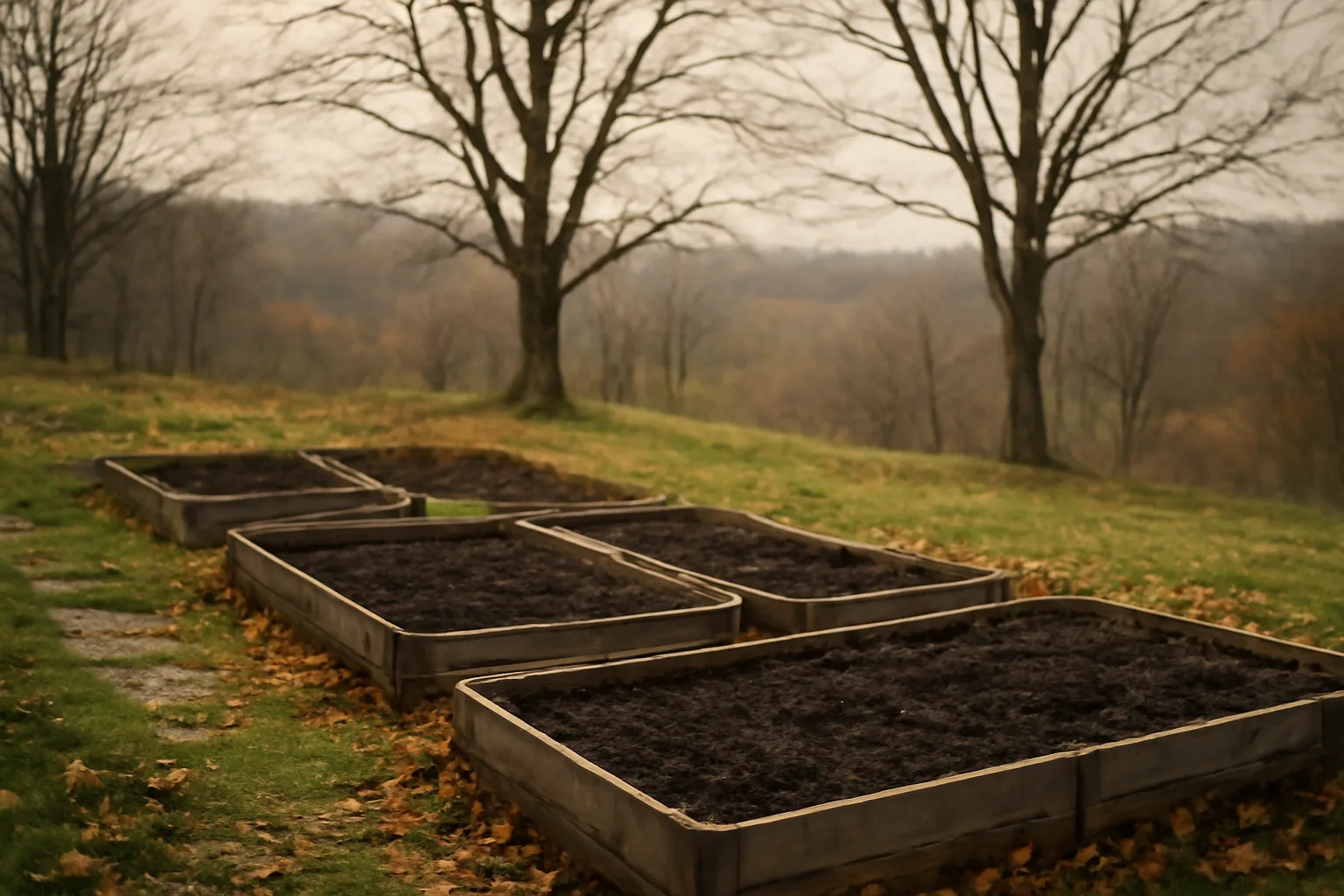 Dark turned garden soil on a Vermont hillside in autumn morning light